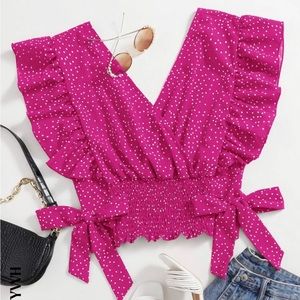 SHEIN hot pink ruffle trim knot side polka dot top